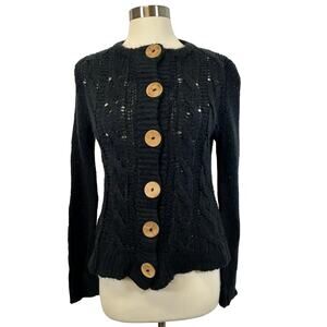 Wooden Ships Mohair/Wool Blend Black Sweater Cardigan chunky wood buttons  S/M